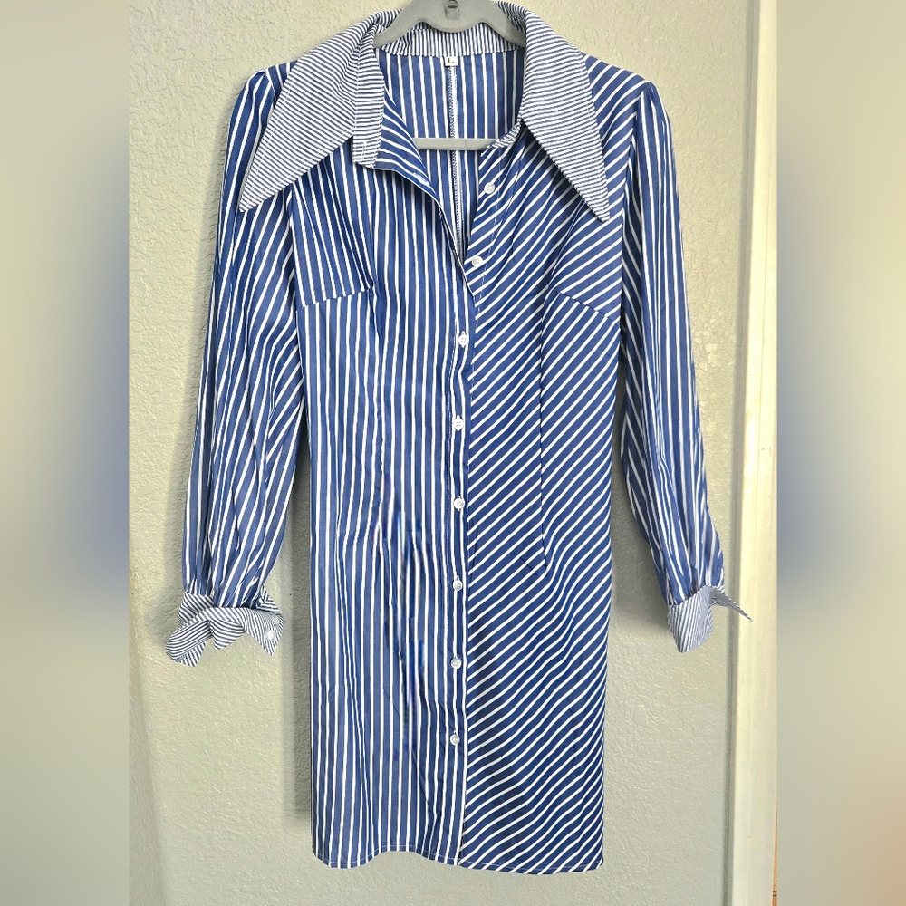 Midi-Pinstriped Dress (Shirt-Dress) .